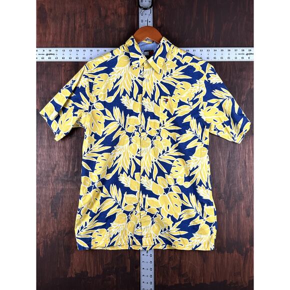 Tommy Hilfiger Hawaiian Tropical Floral Foliage Button Shirt Blue Yellow Mens XL - Picture 1 of 4